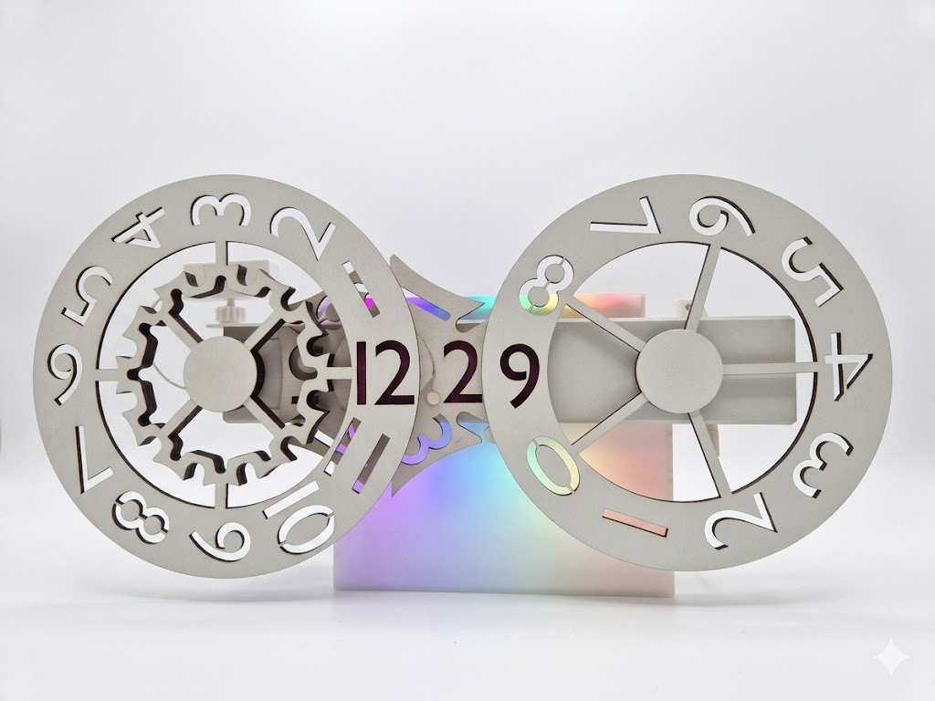 3D-gedruckte mechanische Uhr mit zwei großen Zahlenringen für Stunden und Minuten und einer durchscheinenden Basis mit farbigem LED-Licht.